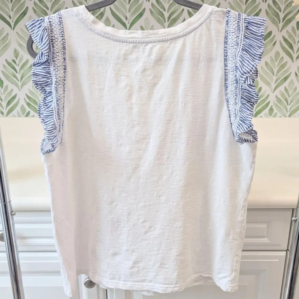 Jane + Delancey White Tee Frill Ruffle Sleeve Top M Coastal Granddaughter Preppy - Picture 4 of 9